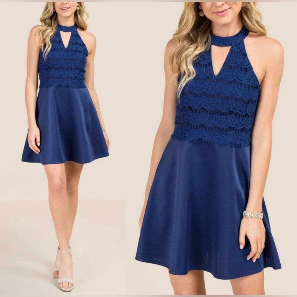 Francesca's Collection Addison Navy Blue Lace Halter Fit And Flare Dress SMALL